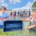 To mennesker i vand til livet, udsætter fiskeyngel fra sort plastkasse.